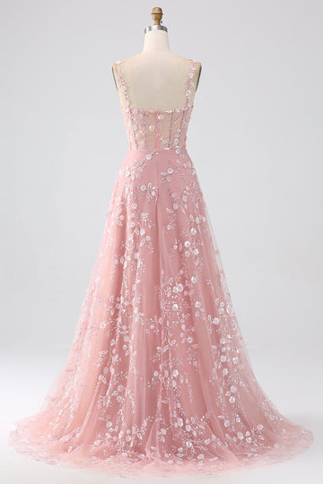 Sparkly Blush A Line Spaghetti Straps Sequin Corset Long Prom Dress With Slit
